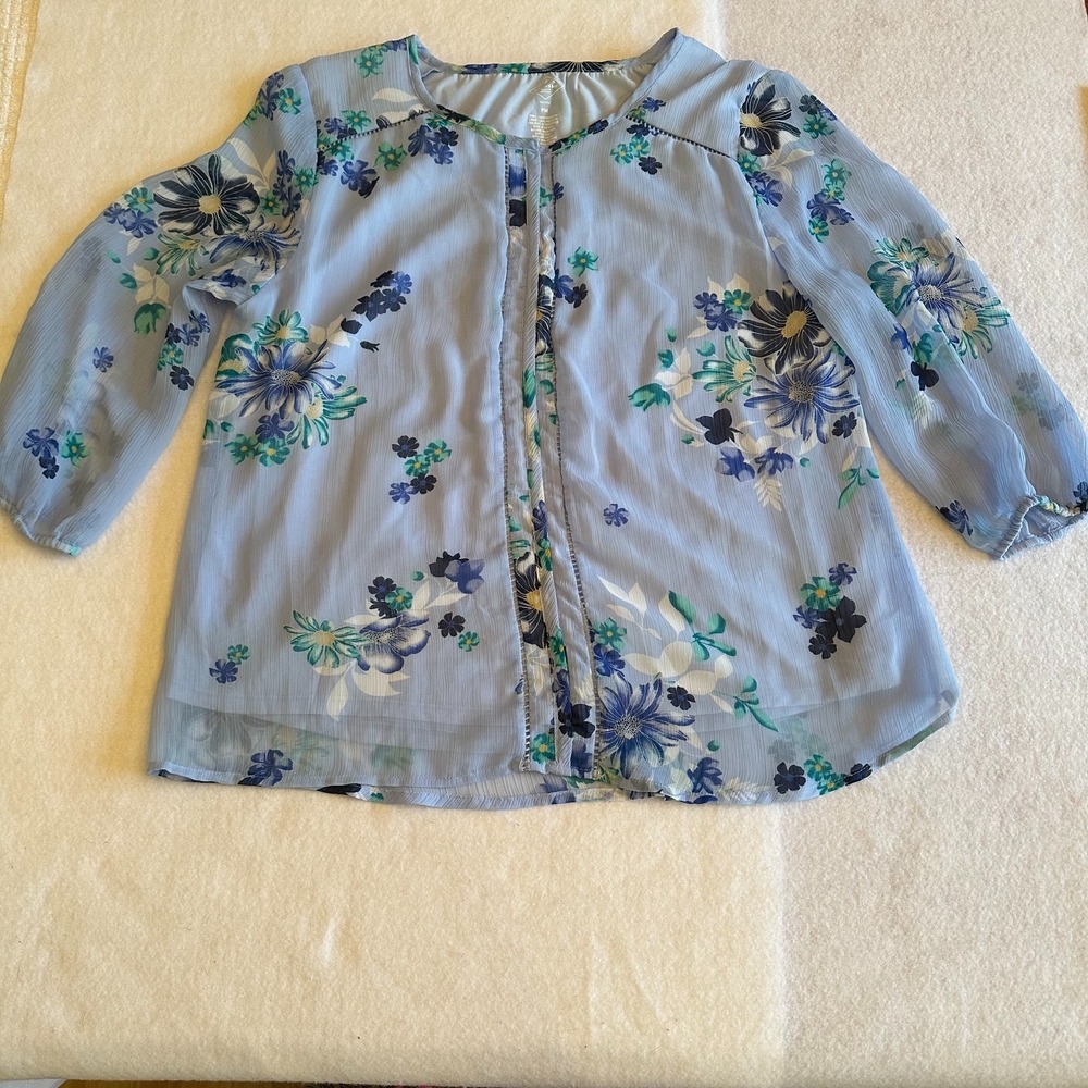 St Johns Bay Floral Blouse Womens Blue Petite Medium PM Chiffon Boho Peasant